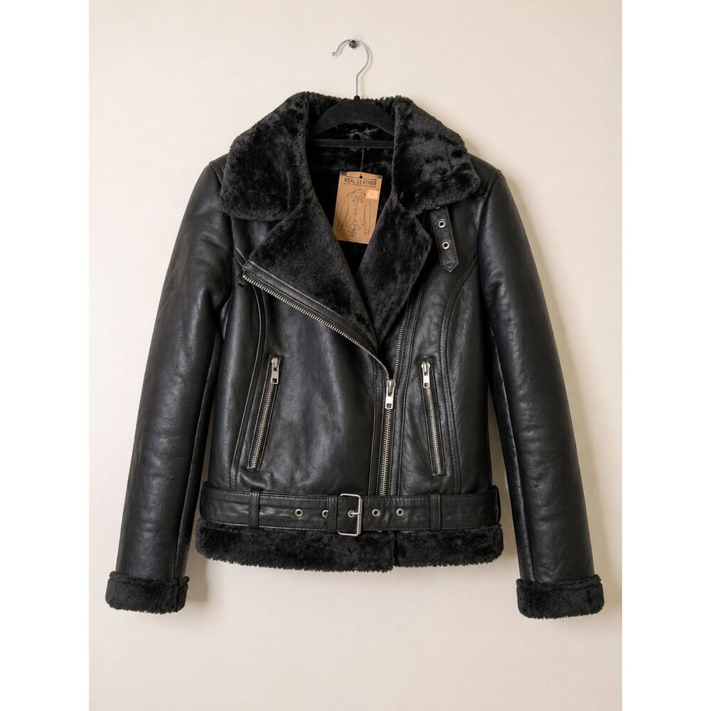 Black Faux Shearling Biker Bomber Jacket - Women
